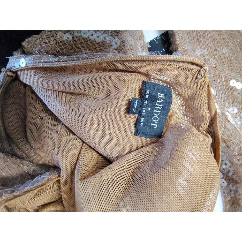 Bardot Sequin Open Back Midi Dress Tan Champagne Long Sleeve Tie Neck Size 6 - Picture 5 of 10